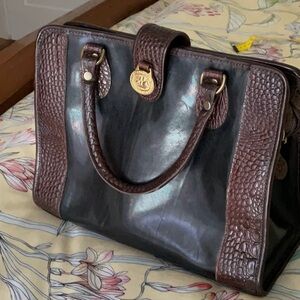 Brahmin satchel handbag. Black with chocolate accents. Clean. Classic.